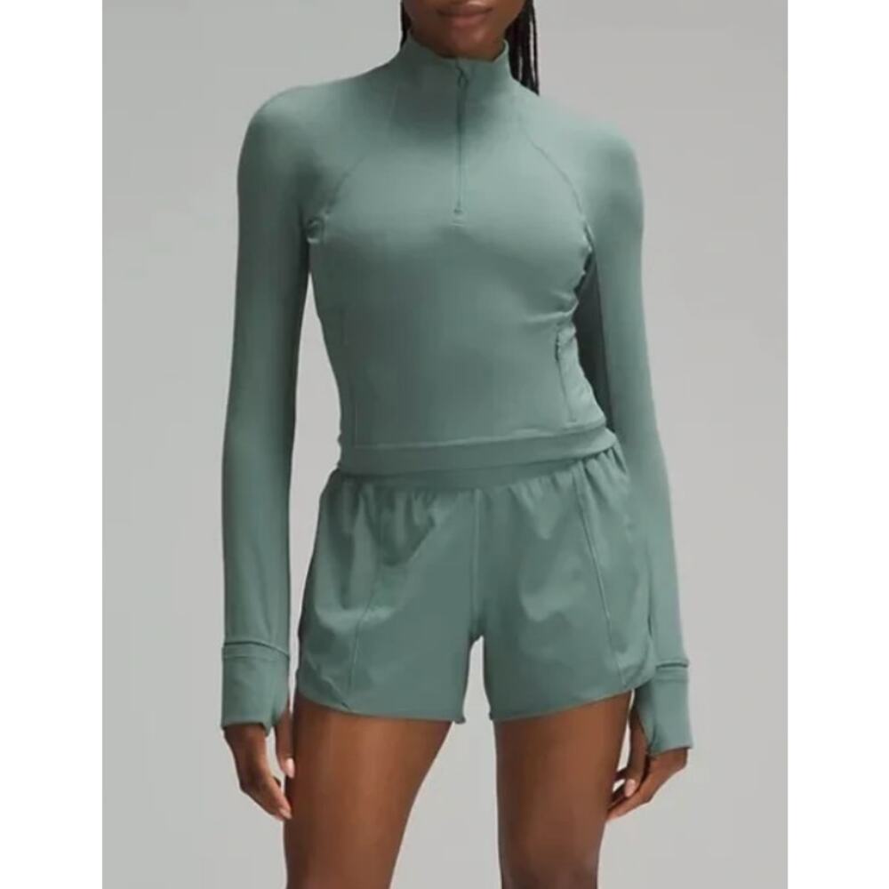 Lululemon It’s Rulu Run Cropped Half Zip XS Green Thumbholes Athletic Top Active